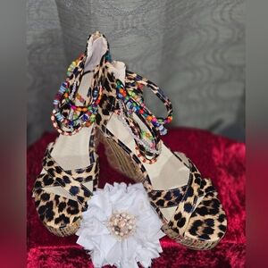 Leopard Print Wedge Sandals with Beaded Ankle Straps